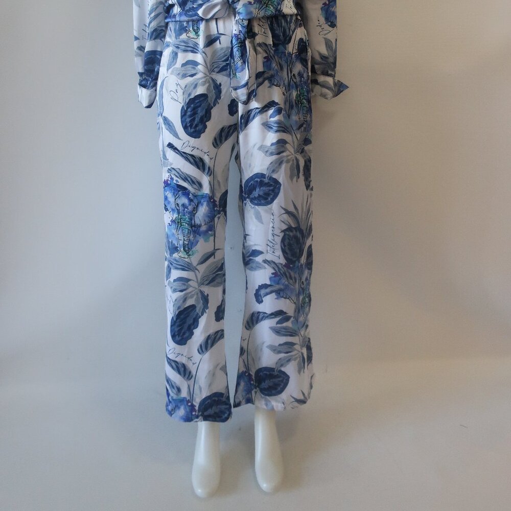NWT Womens Bululu Espanola Blue Blouse, Aruba Elephant Satin Pants M Set - Picture 2 of 13